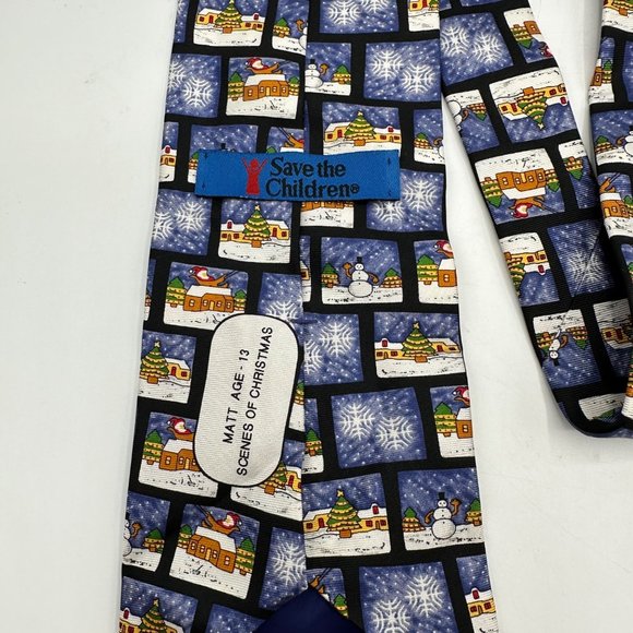 Save The Children Neck Tie Mens 100% Silk Blue Scenes Of Christmas Holiday Snow - Picture 4 of 8